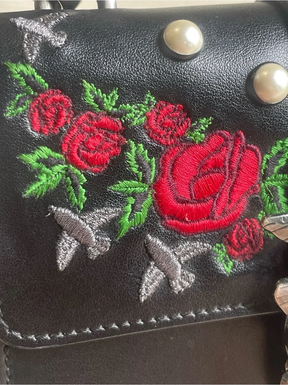Pinko Black Crossbody with Red Rose Embroidery and Pearl Accents